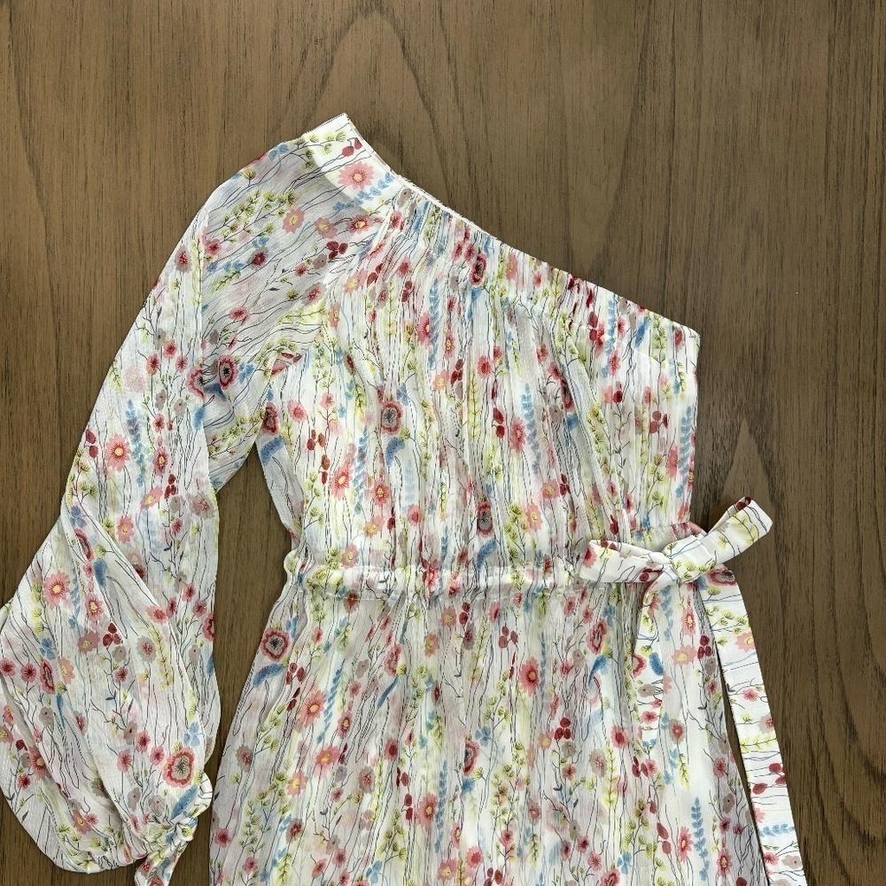 Alexis One Shoulder Floral Pleated Mini Dress Cream White XS Asymmetrical Ruffle - Picture 4 of 8